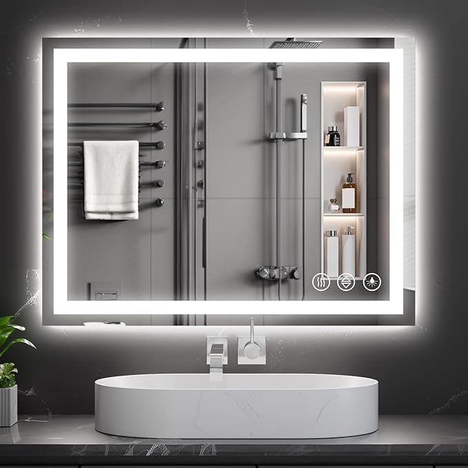 Koonmi 24x36 LED Bathroom Mirror, Backlit + Front Lit, LED Bathroom Mirror with Lights for Wall, 3 Colors, Anti-Fog, Dimmable Brightness, Memory Function, Tempered Glass