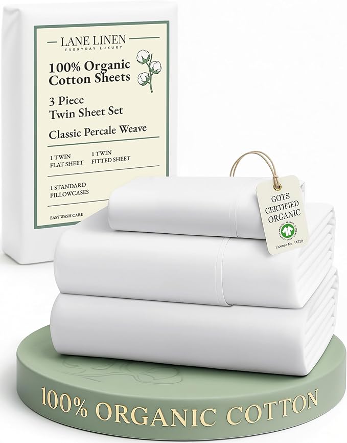 LANE LINEN 100% Organic Cotton Twin Sheets Set, 3Pc Twin Bed Sheets, Soft & Comfy Breathable Cotton Percale Sheets for Twin Size Bed, Dorm Room Essentials Low Pill Fade Resistant White Sheets