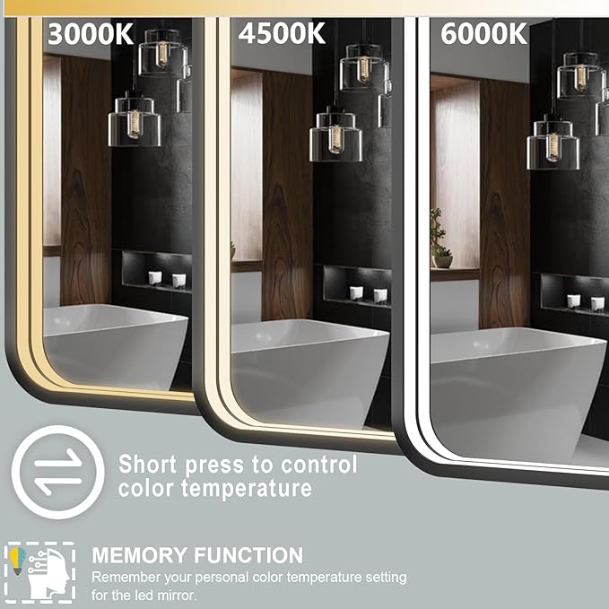 40x24 Inch LED Bathroom Mirror with Lights, Black Metal Framed LED Mirror for Bathroom, 3 Colors and Stepless Dimmable Wall Mounted Lighted Bathroom Vanity Mirror, Anti-Fog, Memory