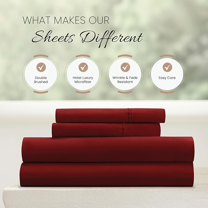 Linen Market Double-Brushed Microfiber California King Sheet Set 4 Piece – Oeko-TEX Certified Ultra Soft & Wrinkle-Free - 16" Deep Pocket Sheets Easy Care Cal-King Size - Burgundy