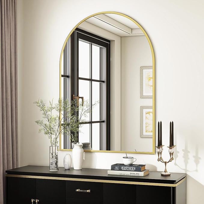 VooBang Arched Wall Mirror, 30 x 38 inch Arch Bathroom Mirror, Wall Mounted Vanity Mirror with Arch Metal Frame, Modern Bathroom Vanity Mirror for Bedroom, Living Room, Hanging or Leaning, Gold