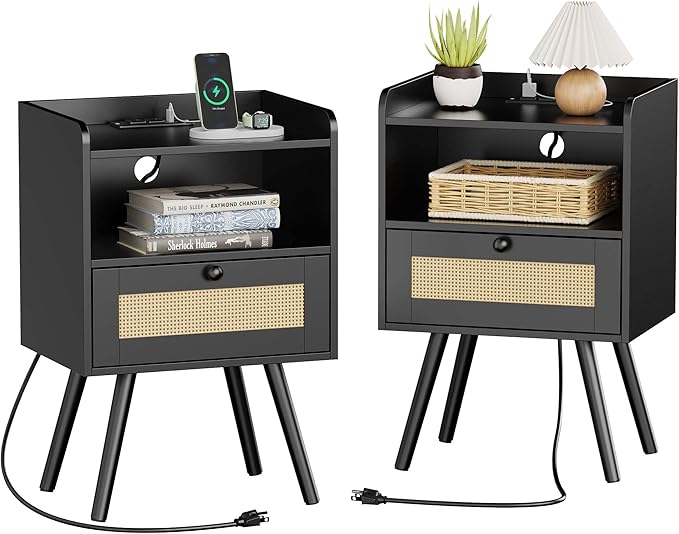 SUPERJARE Nightstands with Charging Station, Bedside Table Set of 2 with PE Rattan Drawers, Rattan Side Table with Storage & Solid Wood Feet, End Table for Bedroom, Black