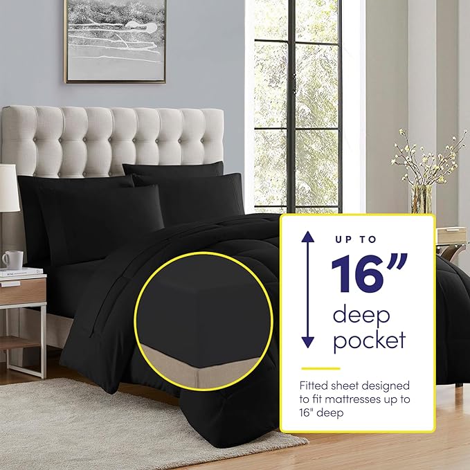 Sweet Home Collection 5 Piece Comforter Set Bag Solid Color All Season Soft Down Alternative Blanket & Luxurious Microfiber Bed Sheets, Black, Twin XL