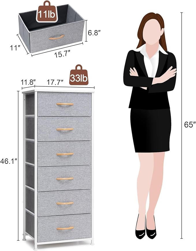 Crestlive Products Tall Dresser Storage Tower - Sturdy Steel Frame, Wood Top, Easy Pull Fabric Bins, Handles - Vertical Organizer Unit for Bedroom, Hallway, Entryway, Closets - 6 Drawers (Light Gray)