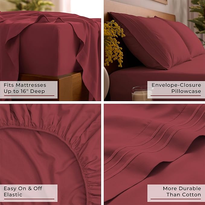 Mellanni Queen Sheets Set - 4 PC Iconic Collection Bedding - Hotel Luxury, Extra Soft, Cooling Bed Sheets - Wrinkle, Fade, Stain Resistant (Queen, Brick Red)