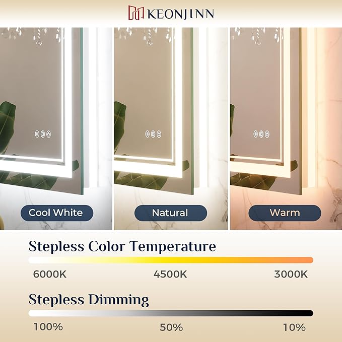 Keonjinn LED Mirror for Bathroom 22" x 30" with Frontlit and Backlit, Stepless 3 Colors Temperature & Dimmable Lighted Wall Mirror, Double LED Strips & UL Listed Driver, Anti Fog Mirrors with Light