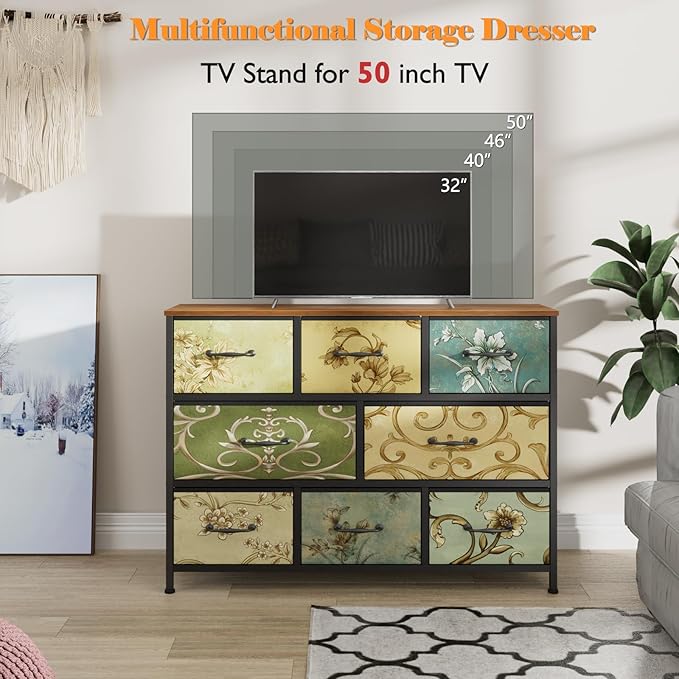 Furnulem 8 Drawer Dresser, Wide Fabric Chest of Drawers, Vintage Furniture for Bedroom, Living Room, Hallway, Closet Clothes Storage, Wooden Top