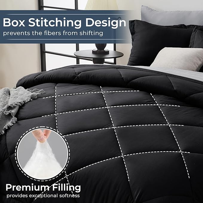 HEVUMYI Queen Comforter Set - 7-Piece All Season Bed in a Bag Queen, Ultra Soft Bedding Set with Comforter, Flat Sheet, Fitted Sheet, Pillowcases, Pillow Shams, Black & Light Grey