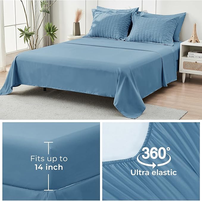 HYMOKEGE Mineral Blue Full Size Comforter Sets Seersucker 7 Pieces, All Season Luxury Bed in a Bag for Bedroom, Bedding Set with Comforter, Sheets, Pillowcases & Shams