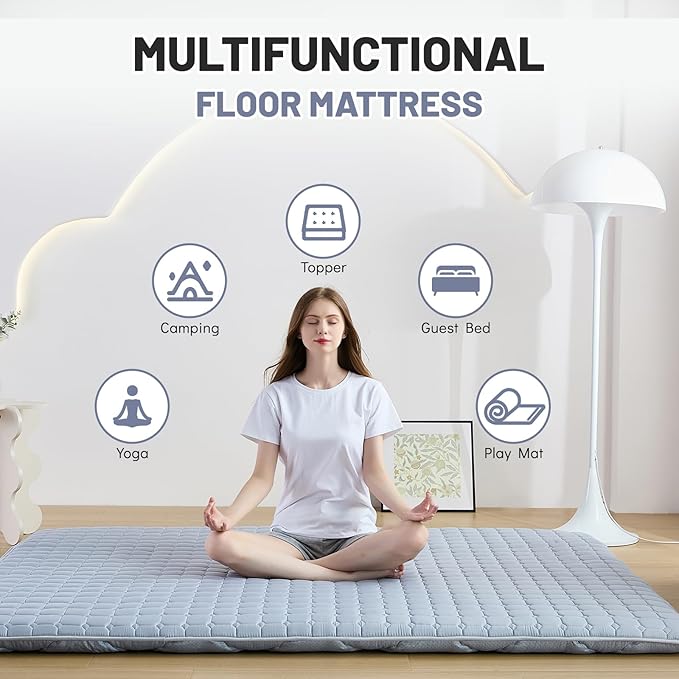 Japanese Floor Mattress Full, Anti-Slip Japanese Futon Foldable Tatami Mat for Guests, Grey