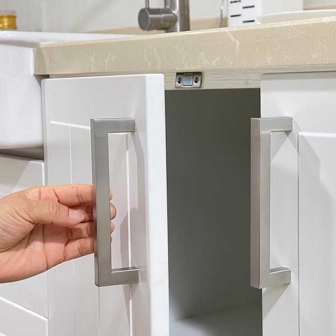 Cabinet Pulls Brushed Nickel Cabinet Handles Square Drawer Pulls, 5 Pack 7-1/2 Inch Stainless Steel Kitchen Door Cupboard Cabinet Handles, Cabinet Hardware Drawer Handles, 192mm Hole Centers