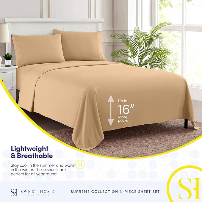 Twin Sheets - Breathable Luxury Sheets with Full Elastic & Secure Corner Straps Built In - 1800 Supreme Collection Extra Soft Deep Pocket Bedding Set, Sheet Set, Twin, Camel