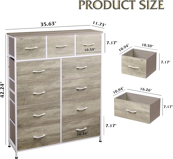 WLIVE Storage Organizer Unit with 11 Fabric Bins, Storage Drawers Organizer with Steel Frame, Tall Storage Tower Organizaton for Living Room, Hallway, Office, Greige