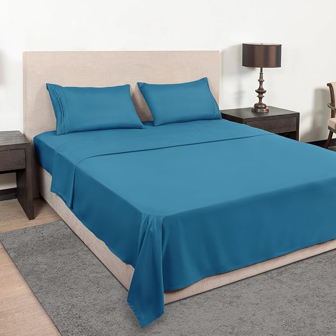 Mejoroom Queen Size Sheet Set - Hotel Luxury 1800 Bedding Sheets & Pillowcases - Deep Pocket Fitted Sheet, Soft, Breathable, Wrinkle & Fade Resistant - 4 Piece (Queen,Peacock Blue)
