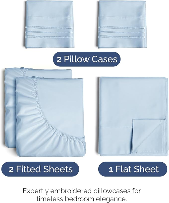 Split King Size 5 Piece Sheet Set - Comfy Breathable & Cooling Bed Sheets Set - Hotel Luxury Bedding for Women, Men, Kids, Teens, Boys & Girls - Deep Pockets, Soft, Wrinkle Free - Oeko-Tex - Sky Blue