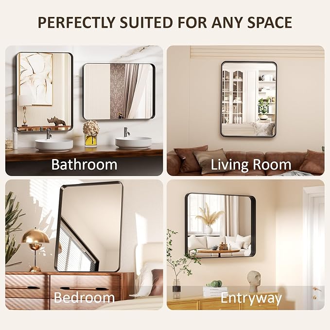 30×36 Framed Mirrors for Wall - Rectangle Black Vanity Mirror with Tempered Glass & Rounded Corners for Bathroom Sink, Bedroom, Hallway, Restroom, Rustproof Frame, Horizontal/Vertical, Modern