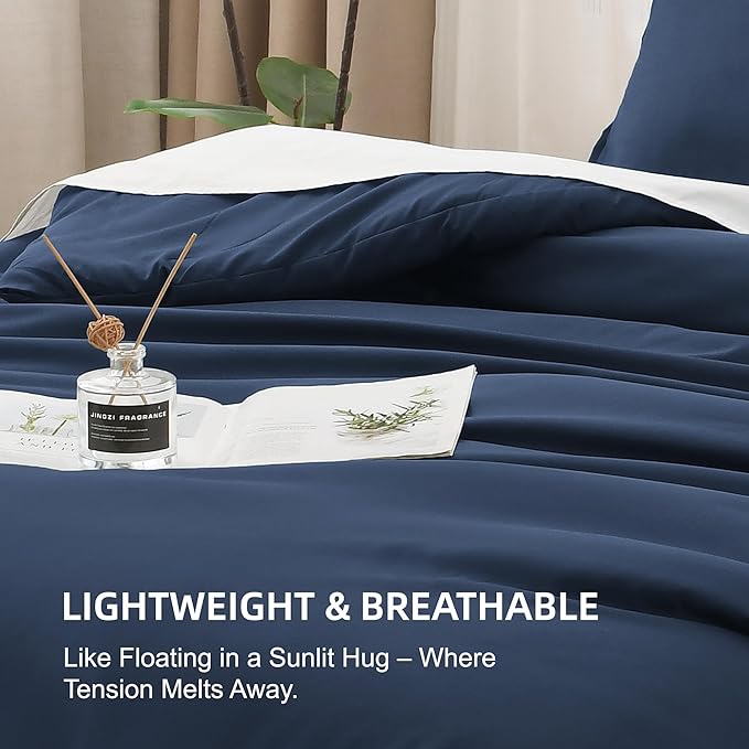 Litanika Navy Blue Comforter Set Queen Size, 3 Pieces Lightweight Solid Bedding Comforter Set, All Season Fluffy Bed Set (90x90In Comforter & 2 Pillowcases)