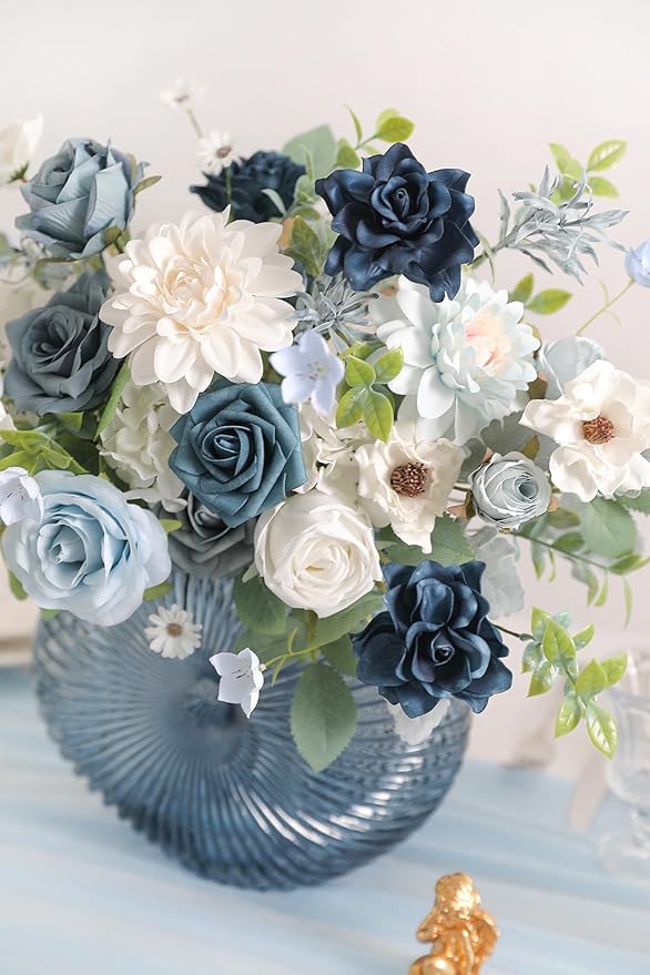 Blue Artificial Flowers Combo Box Set Silk Flowers Fake Rose for DIY Floral Arrangements Wedding Bouquets Centerpieces Baby Shower Party Home Decorations