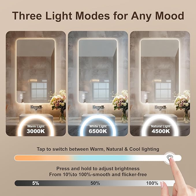 48''x30'' Lighted Mirrors for Bathroom Wall Backlit Rectangular Rounded Corners, LED Bathroom Mirror Frameless with Lights Anti Fog, Dimmable, 3 Colors,Tempered Glass, Shatter-Proof