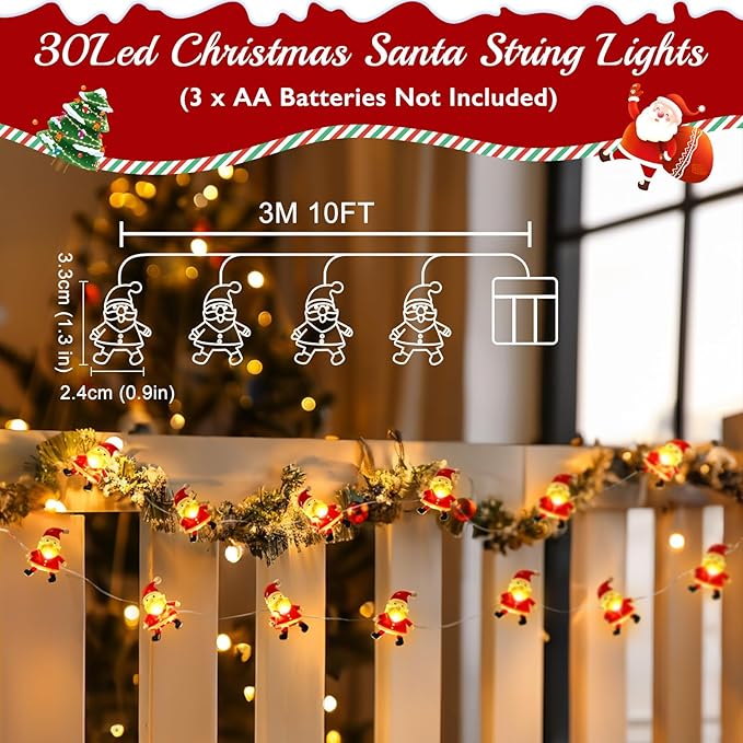 Christmas Decorations Indoor Lights, 10FT 30 LED Christmas Santa Claus Fairy String Lights Battery Operated for Xmas Tree Party Festive Holiday Christmas Gifts Cute Room Decor