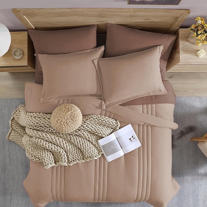 Monbix Twin XL Size Comforter Set - Extra Long 5 Pieces Dorm Bedding Sets, Quilting Design Fluffy Bed in a Bag Twin XL with Sheets, Pillowcase & Sham(Rust Pink)