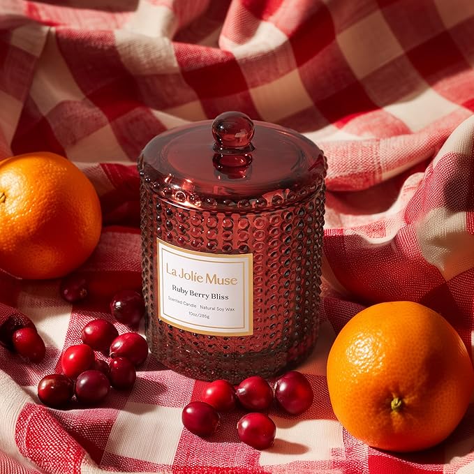 LA JOLIE MUSE Christmas Candle | Ruby Berry Bliss | Mandarin Cranberry & Plum | 10 oz Festive Candle | 55 Hours Clean Burn | Gift for Women & Family