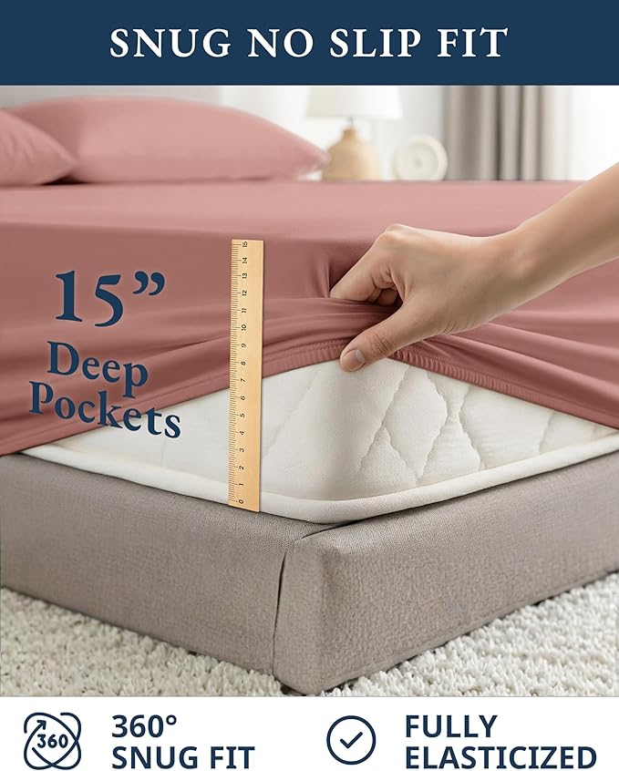 LANE LINEN 100% Organic Cotton Fully Elasticized King Sheet Set, Low Pilling Fade Resistant Machine Washable Naturally Cooling King Bedding Set, Mercerized Soft & Comfy Cotton Sheets – Rose Dawn