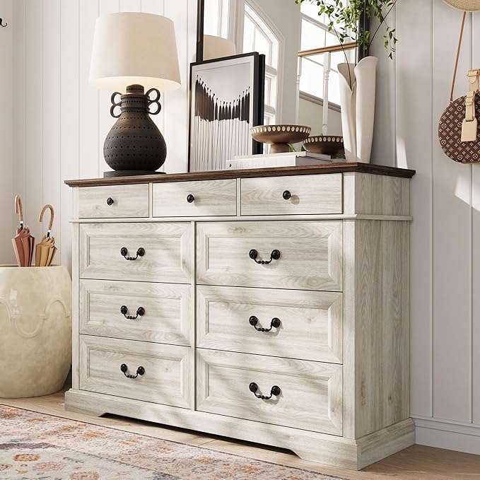 LINSY HOME 9 Drawers Dresser for Bedroom, Wood Bedroom Chest of Drawers, Farmhouse Tall Dresser for Closet, Dressers Organizer for Living Room, Hallway, Beige