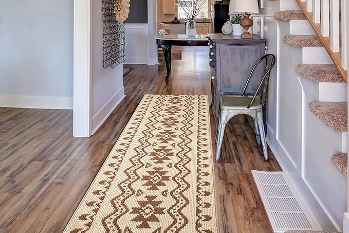 Custom Length Cut to Size Tribal Ethnic Southwestern Inspired Hallway Runner Rug, Non Slip Rubber Backed, 31 inch Wide X Customized Length, Aztec Beige, 31 inch X 20 feet