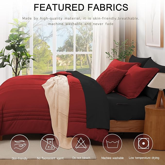Monbix King Size Comforter Set - 7 Pieces Bed in a Bag King, Bright Red Bedding Sets with Comforter, All Seasons Down Alternative Comforter Bed Set with Sheets, Pillowcases & Shams