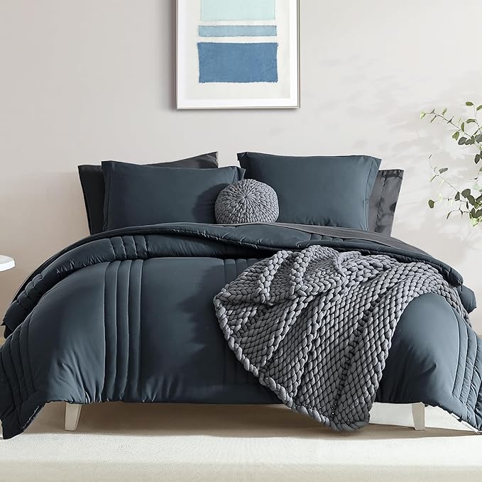 Monbix Full Size Comforter Set - 7 Pieces Blue Grey Bed in a Bag Full Size Bedding Sets with Comforters, All Seasons Comforter with Sheets,Pillowcases & Shams