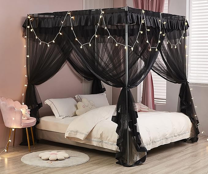Mengersi 4 Corner Post Bed Canopy Bed Curtains Mosquito Net Bedroom Decoration Accessories (Twin, Black)