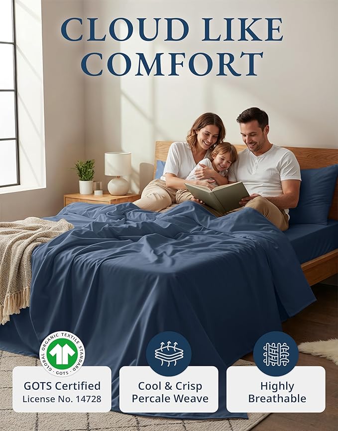 LANE LINEN 100% Organic Cotton Twin Bed Sheet Set, Luxury Hotel Style Fade Resistant Deep Pocket Machine Washable Twin Size Sheet Set, Eco Friendly Mercerized Cotton Sheets- Estate Blue