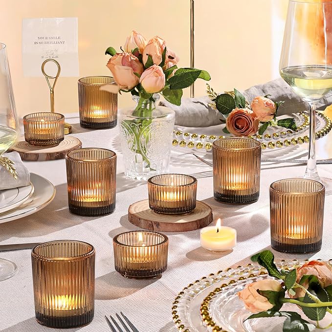 20pcs Ribbed Amber Votive Candle Holders, Assorted Glass Tea Light Candle Holders for Fall Decor, Amber Candle Holders for Wedding Centerpieces, Thankgiving and Christmas Decorations