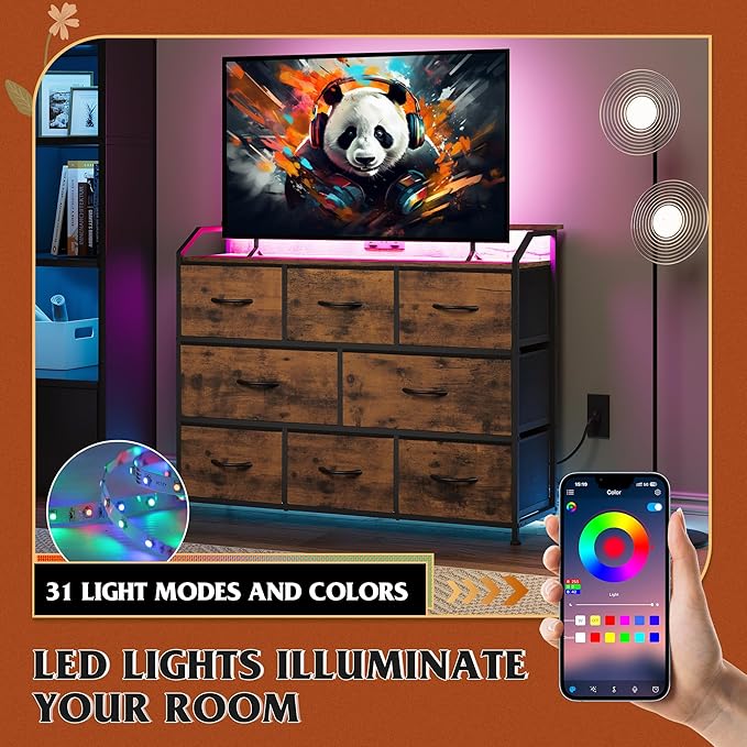 WLIVE Led Dresser for Bedroom, TV Stand for Bedroom with LED Lights and Power Outlet, Wide Chest of Drawers for Hallway, 8 Fabric Drawers for Living Room and Entryway, Rustic Brown