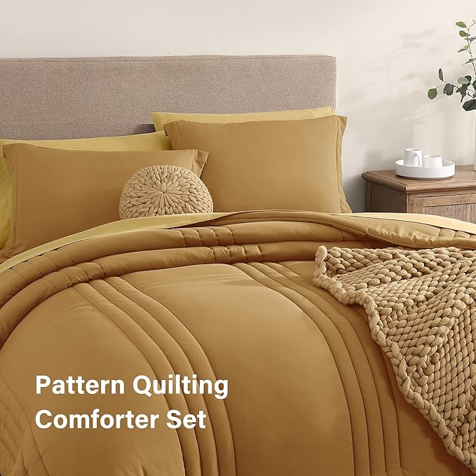 Monbix Queen Comforter Set - 7 Pieces Desert Yellow Bed in a Bag Queen Bedding Sets with Comforters, All Seasons Down Alternative Comforter Bed Set with Sheets, Pillowcases & Shams
