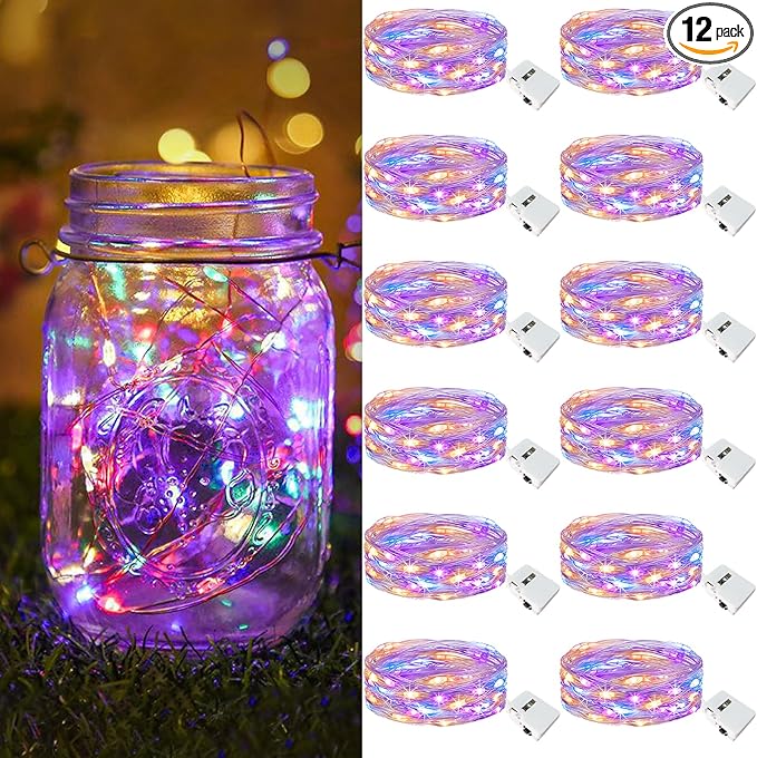 btfarm 12 Pack Fairy Lights Battery Operated [3 Modes], 7ft 20 Led Twinkle Lights String Lights Waterproof Bulk Small Mini Silver Wire for Mason Jars Vases Wedding Table Centerpiece, Colorful
