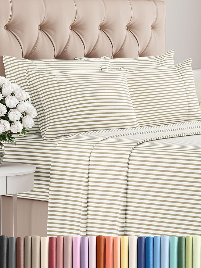 King Sheets Set 6 Piece - Includes 4 Pillowcases - Bed Sheets King Size - Soft Hotel Luxury Bedding - Cooling, Comfy & Breathable - 1 Flat & 1 Fitted & 4 Pillowcases w/ Deep Pockets - Beige Stripes
