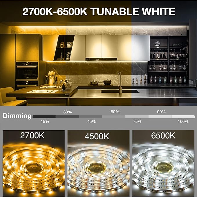 DAYBETTER Under Cabinet Lighting kit, 6 PCS LED Strip Lights with Remote, Dimmer and Adapter, Dimmable for Kitchen Cabinet,Counter,TV Back,Showcase 2700K-6500K Warm to Daylight White, Timing, 20ft