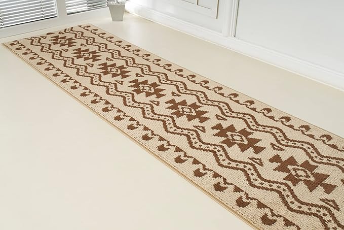 Custom Length Cut to Size Tribal Ethnic Southwestern Inspired Hallway Runner Rug, Non Slip Rubber Backed, 31 inch Wide X Customized Length, Aztec Beige, 31 inch X 20 feet