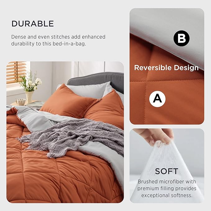 Bedsure Twin XL Comforter Set - 5 Pieces Reversible Burnt Orange Bedding, Twin XL Size Bed Set for All Seasons, Bed in a Bag with Down Alternative Comforter, Sheets, Pillowcase & Sham