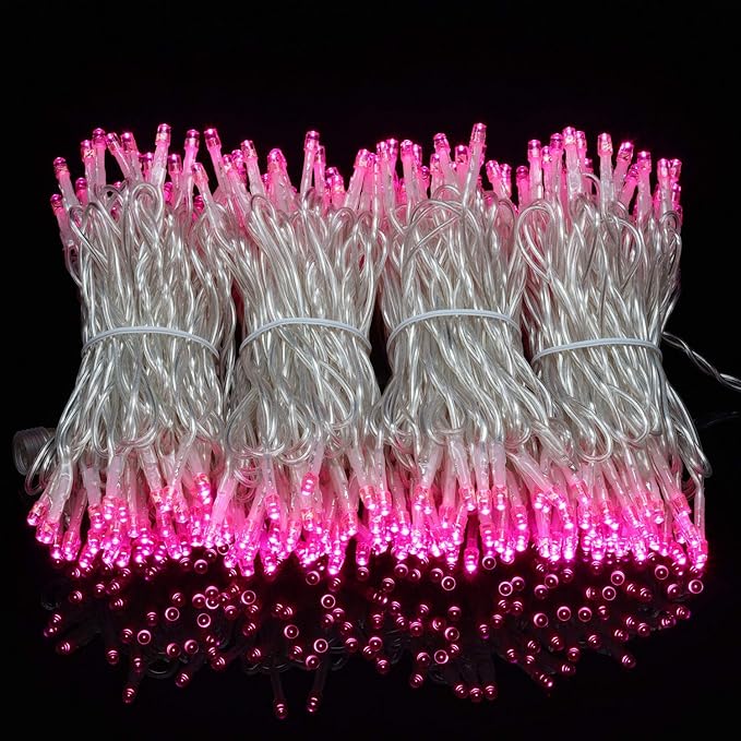 YULETIME 100 ft 300 Count Pink LED String Lights with 8 Models Adapter, Clear Wire Wide Angle 5mm Christmas Lights (Pink - Multimode)