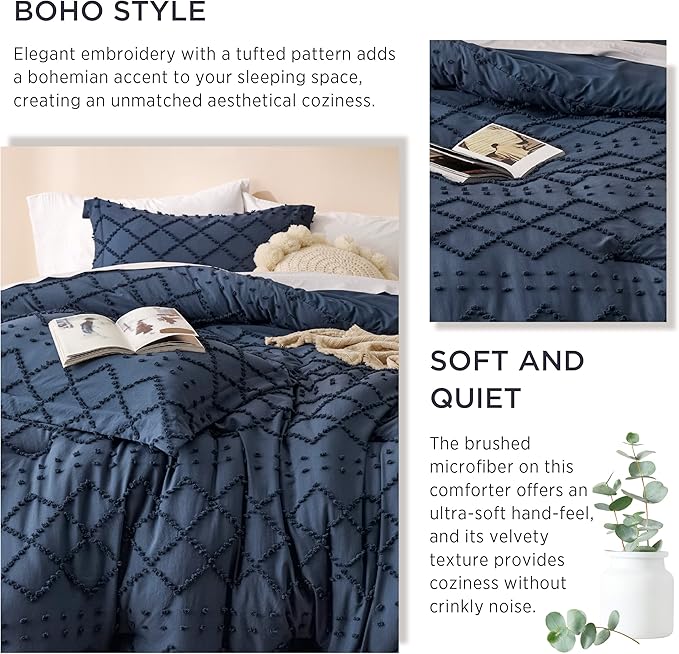 Bedsure Full Comforter Set - Navy Blue Comforter, Boho Tufted Shabby Chic Bedding for Kids, 3 Pieces Vintage Farmhouse Bed Set for All Seasons, Fluffy Soft Bedding with 2 Pillow Shams