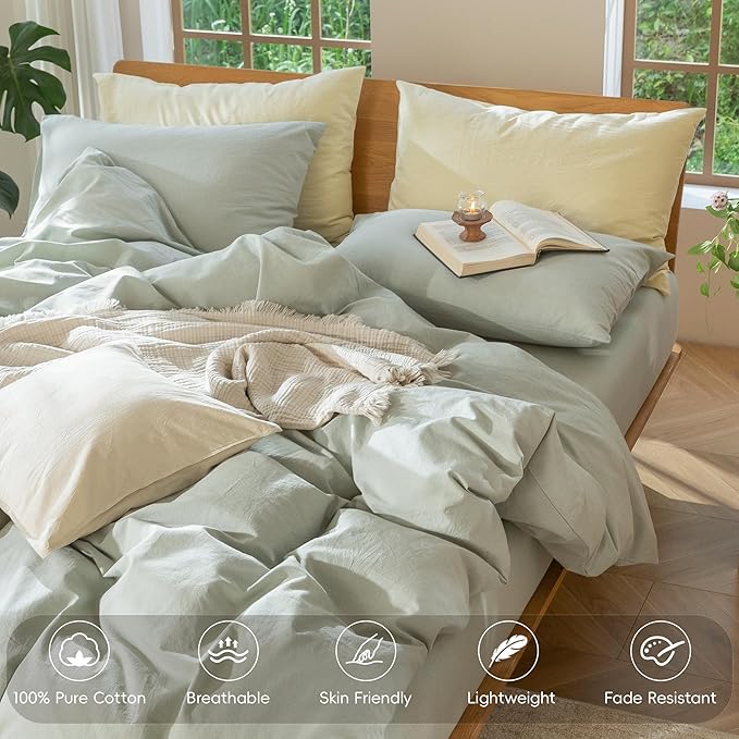 MooMee Bedding Duvet Cover Set 100% Washed Cotton Linen Like Textured Breathable Durable Soft Comfy (Heathered Sage Green, King 104"x90")