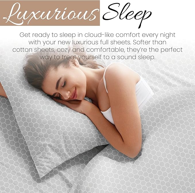 Linen Market Double-Brushed Patterned Microfiber Full Sheet Set 4 Piece – Oeko-TEX Certified Ultra Soft & Wrinkle-Free - 16" Deep Pocket Sheets - Easy Care Full Size - Honeycomb Light Gray