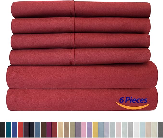 Sweet Home Collection 6 Piece 1500 Supreme Collection Brushed Microfiber Deep Pocket Sheet Set-2 Extra Pillow Cases, Great Value, Split King, Burgundy