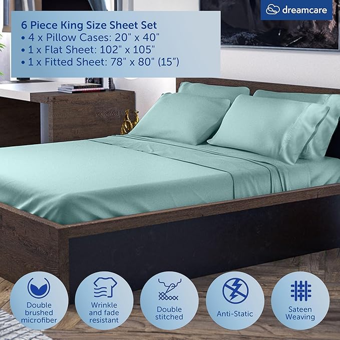 DREAMCARE King Size Sheets Set – 6 pcs Cooling Bed Sheets – up to 15” Deep Pocket King Sheet Set – 2500 Supreme Collection – Extra Soft 100% Brushed Microfiber Hotel Luxury with Side Pocket – Spa Blue