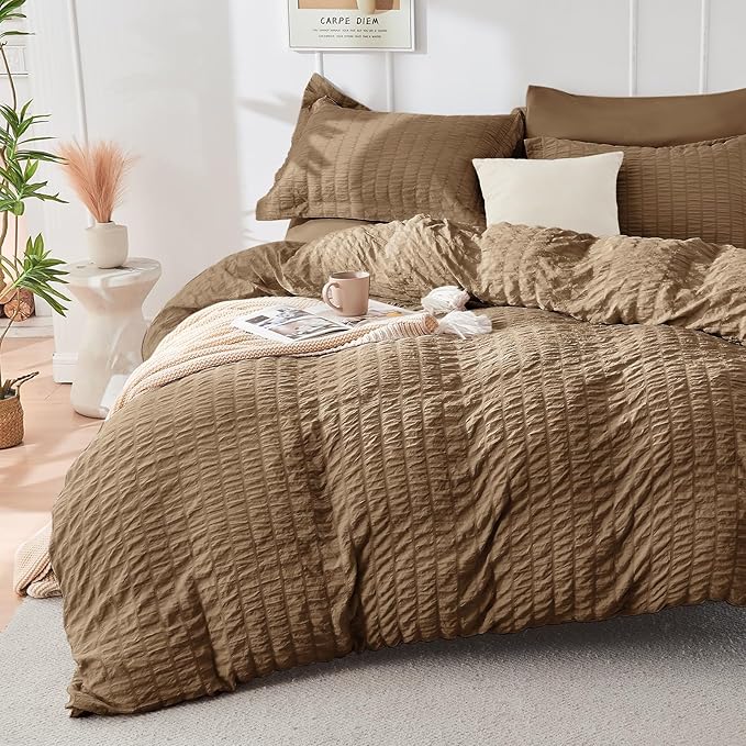 HYMOKEGE Brown Twin XL Comforter Set Seersucker 5 Pieces, All Season Luxury Bed in a Bag for Bedroom, Bedding Set with Comforter, Sheets, Pillowcase & Sham
