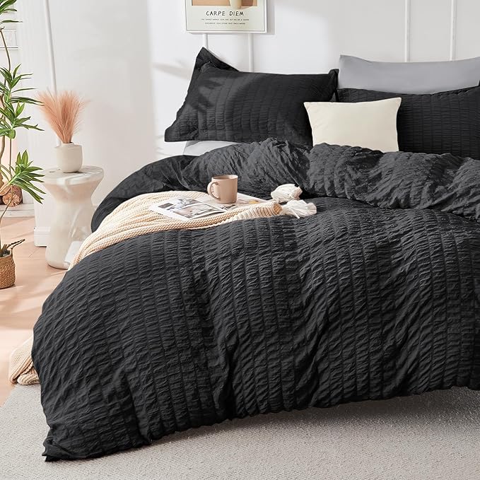 HYMOKEGE Black/Light Grey Full Size Comforter Sets Seersucker 7 Pieces, All Season Luxury Bed in a Bag for Bedroom, Bedding Set with Comforter, Sheets, Pillowcases & Shams