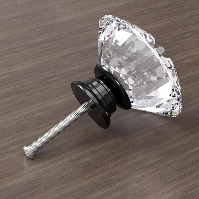 12-Pack Crystal Glass Cabinet Knobs for Home Decor, Vanity Drawers, Desks, Wardrobe Doors, Standard Screws Easy Installation for Home Refurbishment and Redecoration (Clear Crystal, 40mm, Black Base)